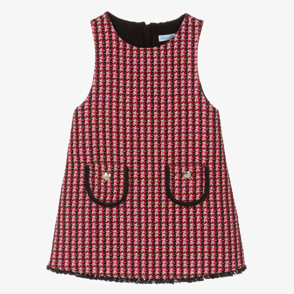 Abel & Lula - Girls Red & Pink Tweed Pinafore Dress | Childrensalon