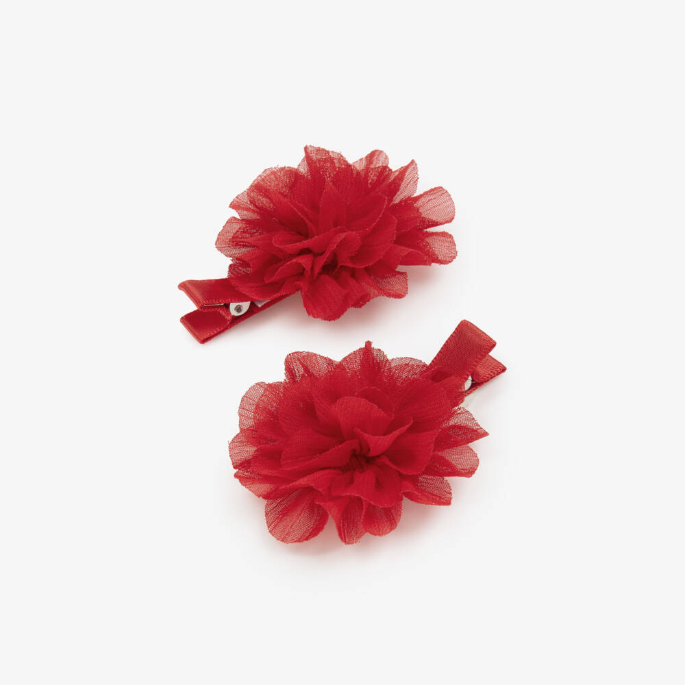 Abel & Lula-Girls Red Tulle Flower Hairclips (2 Pack) | Childrensalon Outlet