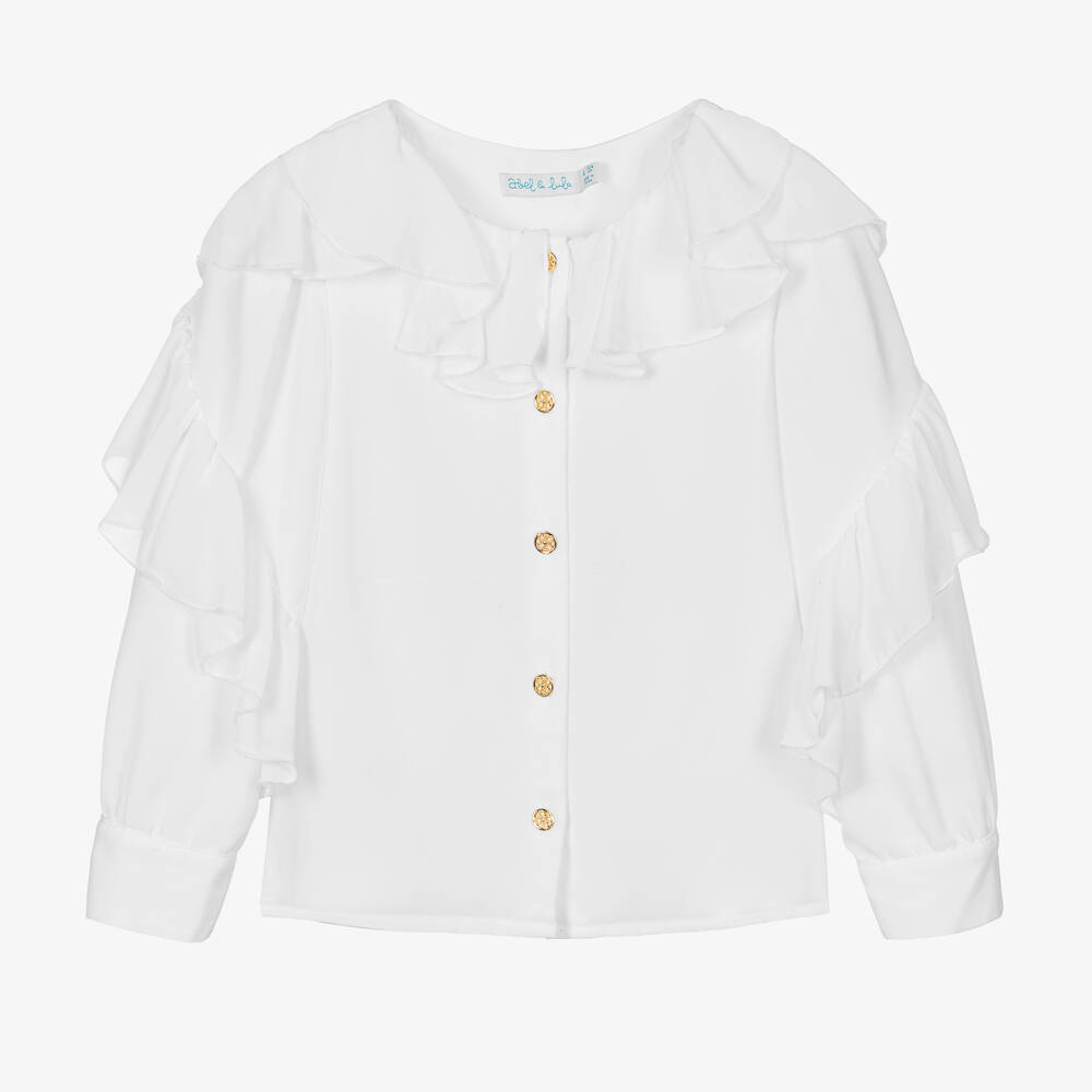 Abel & Lula - Girls White Chiffon Ruffle Blouse | Childrensalon