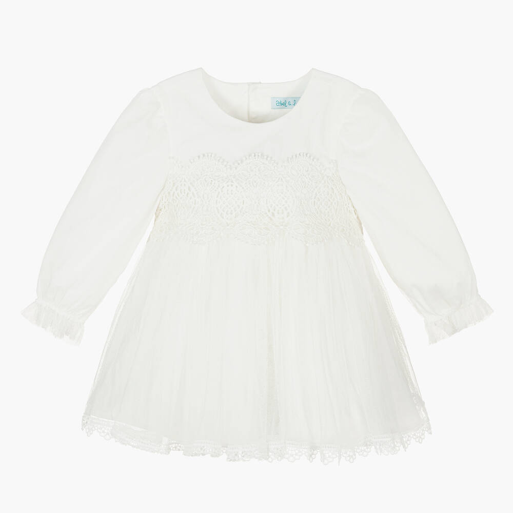 Abel & Lula - Girls White Cotton Tulle & Lace Dress | Childrensalon