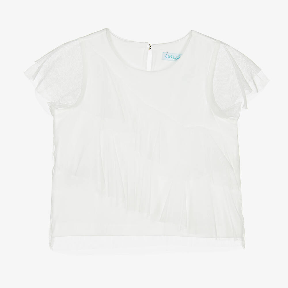 Abel & Lula - Girls White Cotton & Tulle Top | Childrensalon