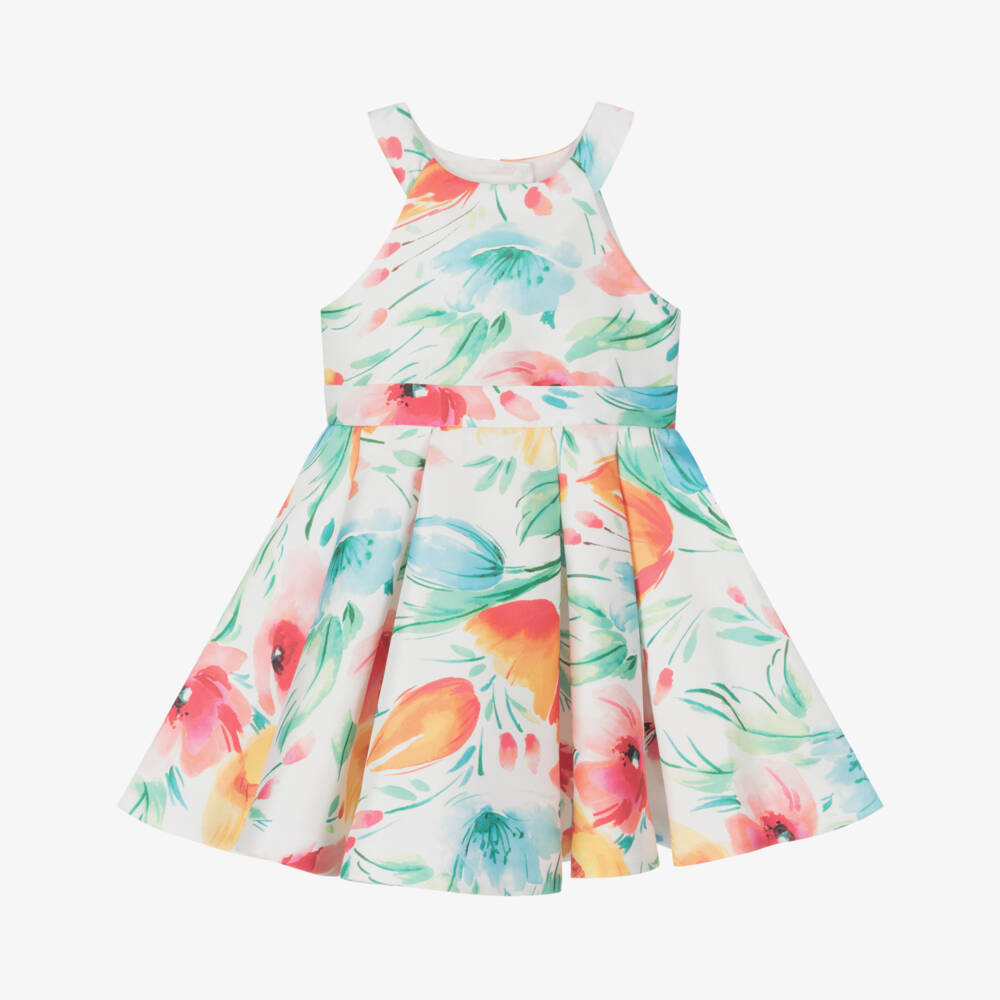 Abel & Lula-Girls White Floral Satin Dress | Childrensalon Outlet