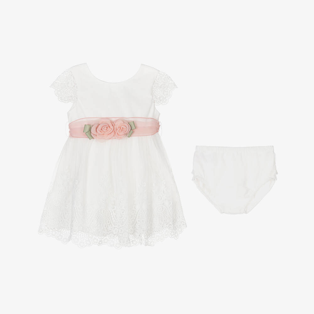 Abel & Lula-Girls White Floral Tulle & Lace Dress | Childrensalon Outlet