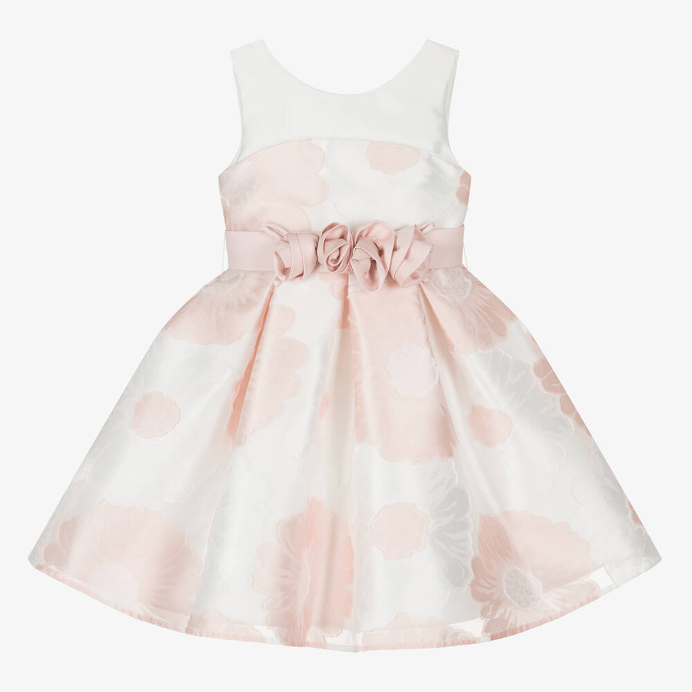 Abel & Lula-Girls White Organza Floral Jacquard Dress | Childrensalon Outlet
