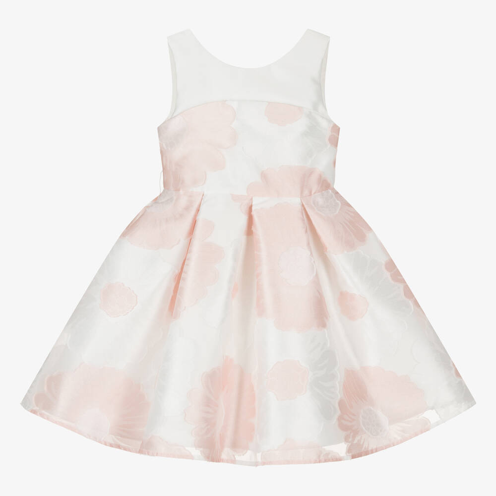 Abel & Lula-Girls White Organza Floral Jacquard Dress | Childrensalon Outlet