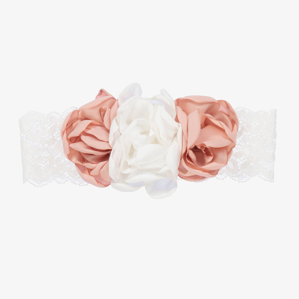 Abel & Lula - Girls White & Pink Floral Lace Headband | Childrensalon