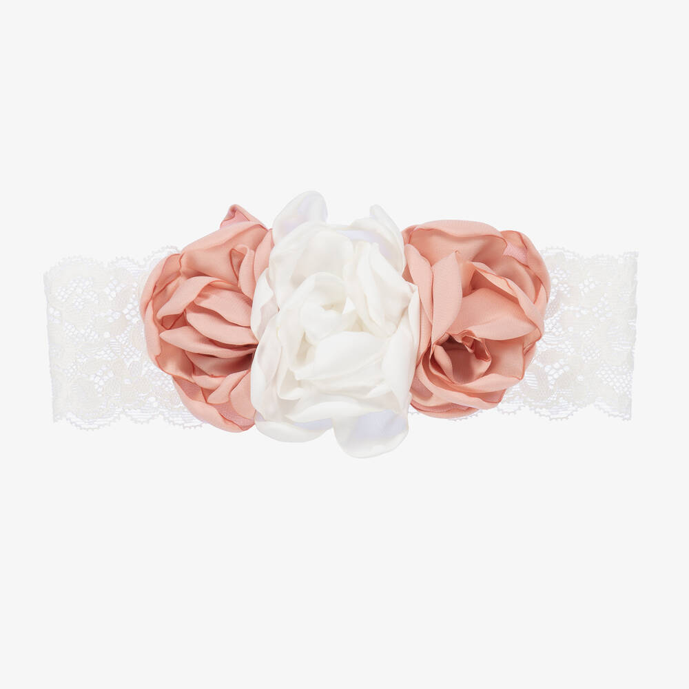 Abel & Lula-Girls White & Pink Floral Lace Headband | Childrensalon Outlet