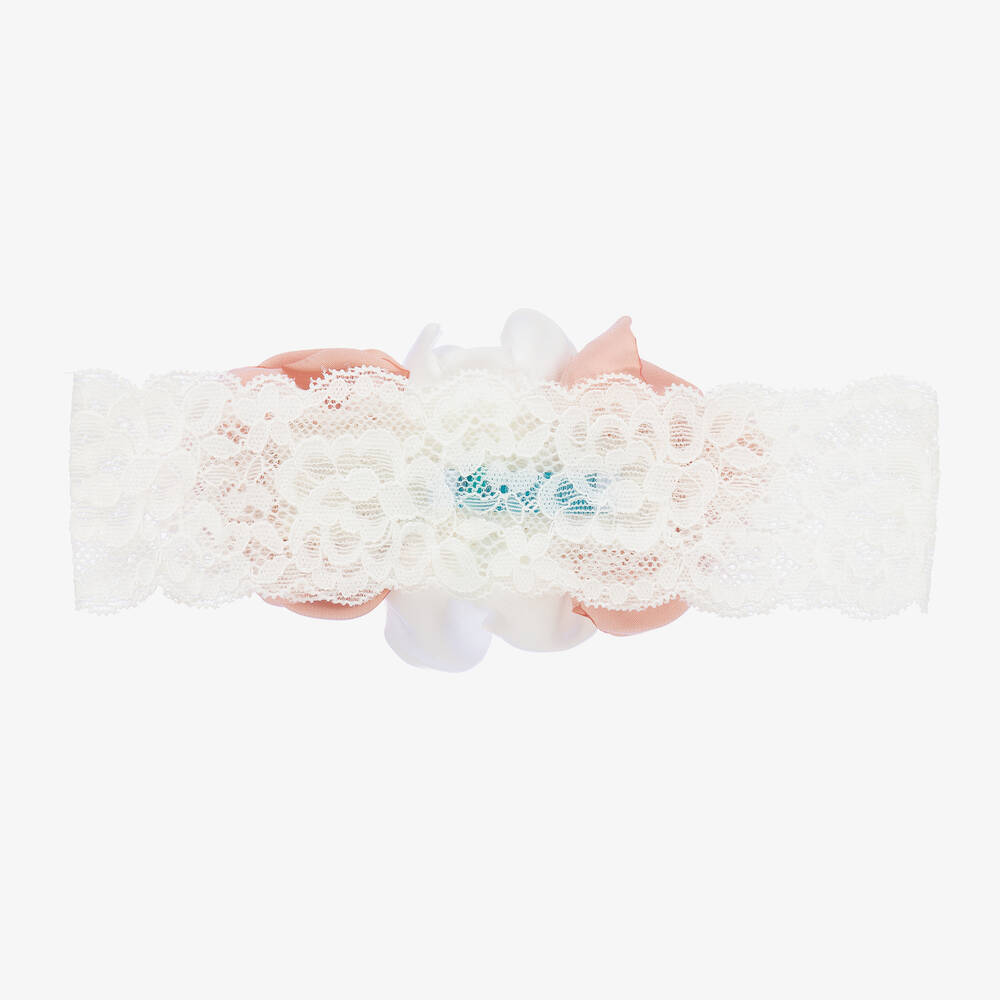 Abel & Lula-Girls White & Pink Floral Lace Headband | Childrensalon Outlet
