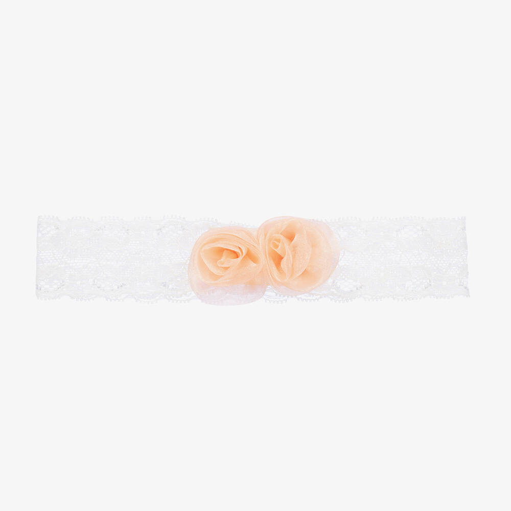 Abel & Lula-Girls White & Pink Rose Lace Headband | Childrensalon Outlet