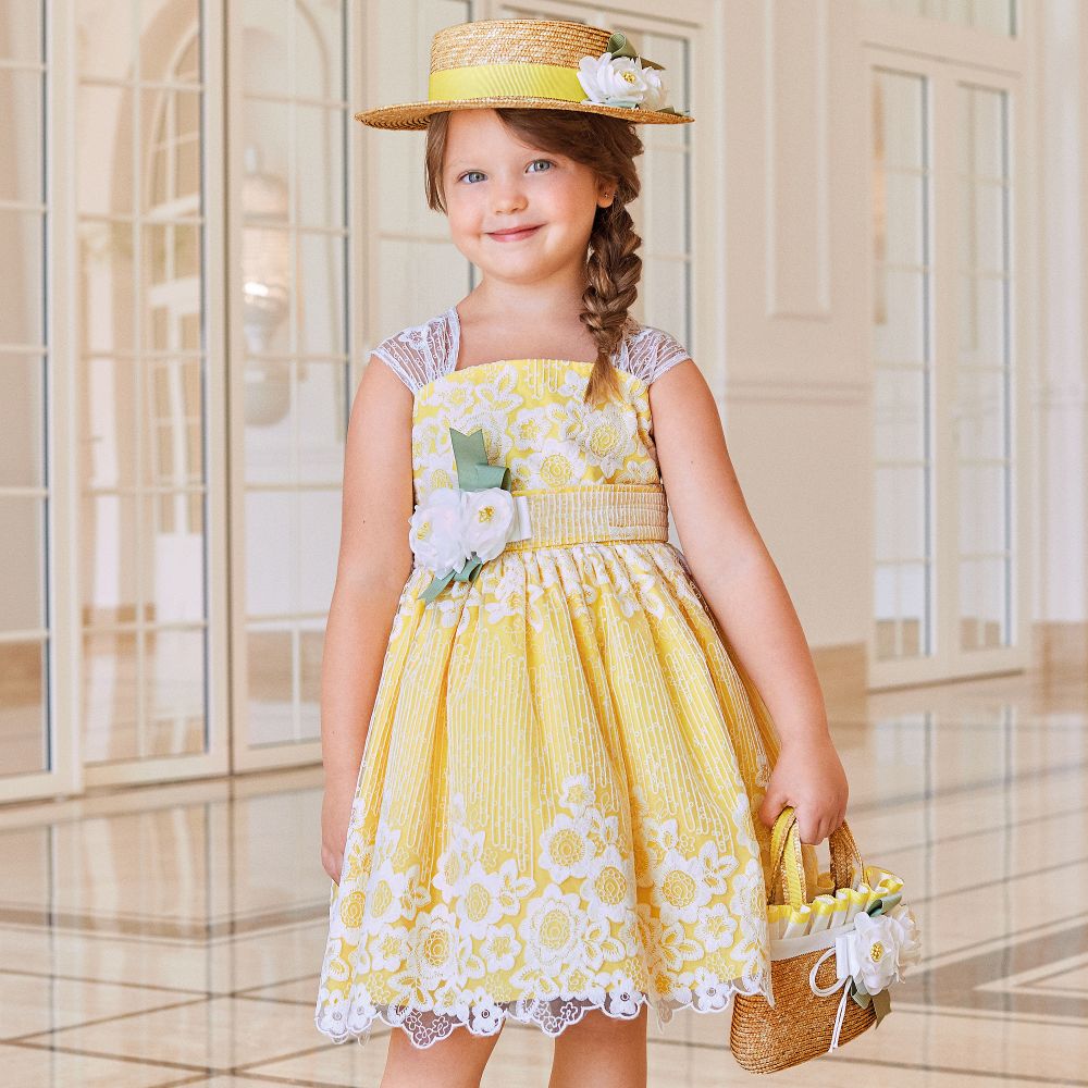 Abel Lula Girls Yellow Floral Lace Dress Childrensalon Outlet