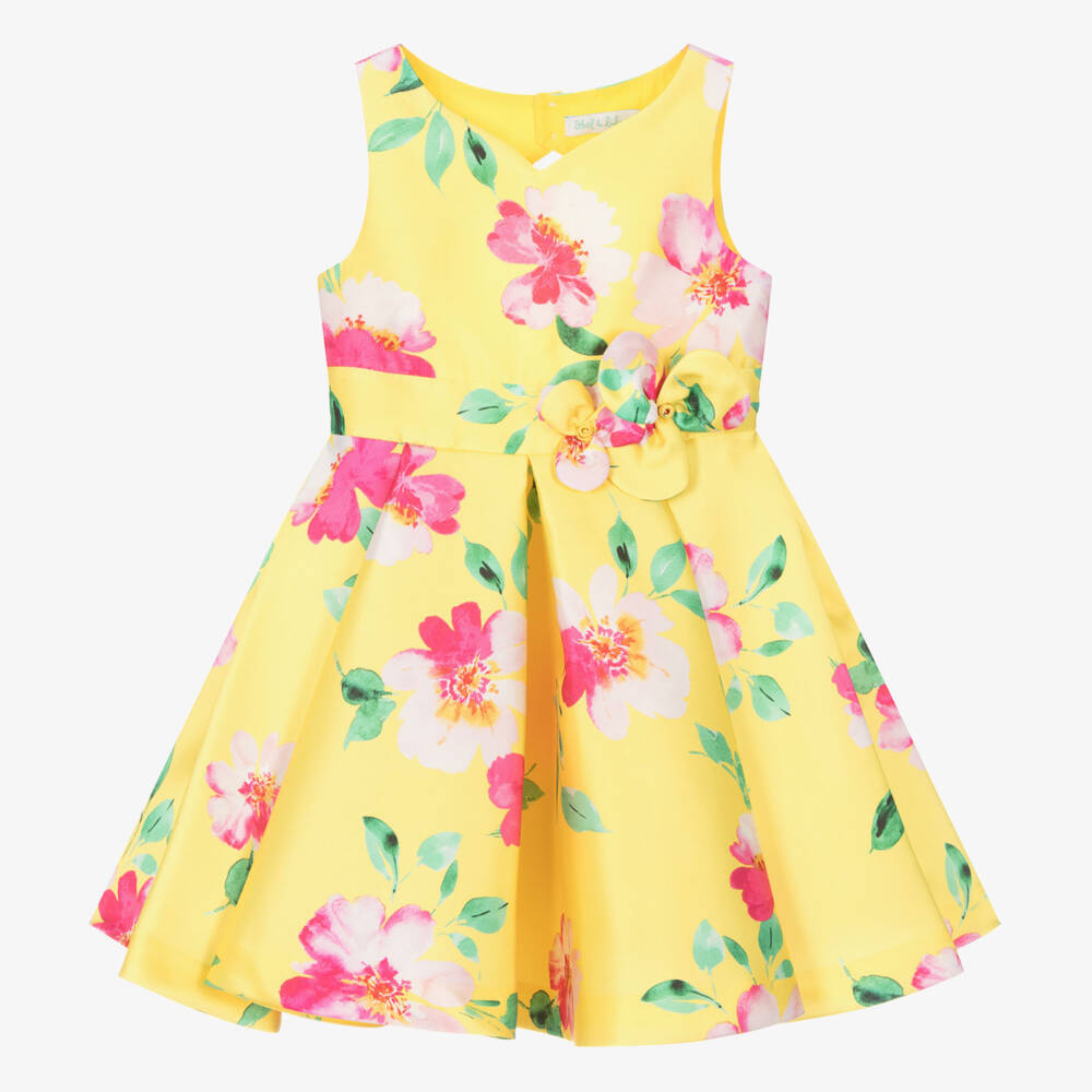 Abel & Lula-Girls Yellow Satin Floral Dress | Childrensalon Outlet