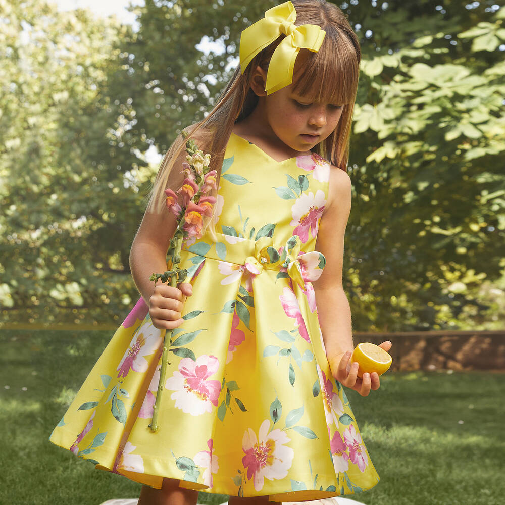 Abel Lula Girls Yellow Satin Floral Dress