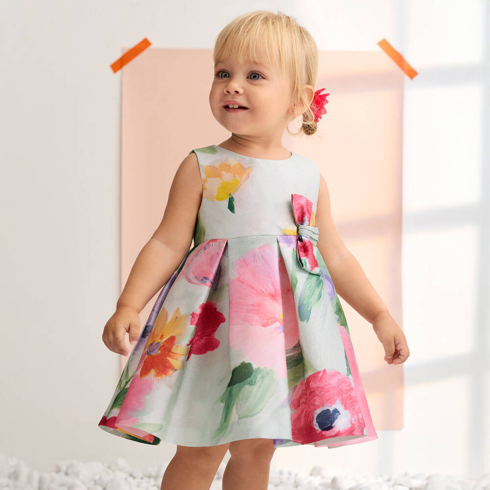 Abel & Lula-Green & Pink Floral Print Satin Bow Dress | Childrensalon Outlet