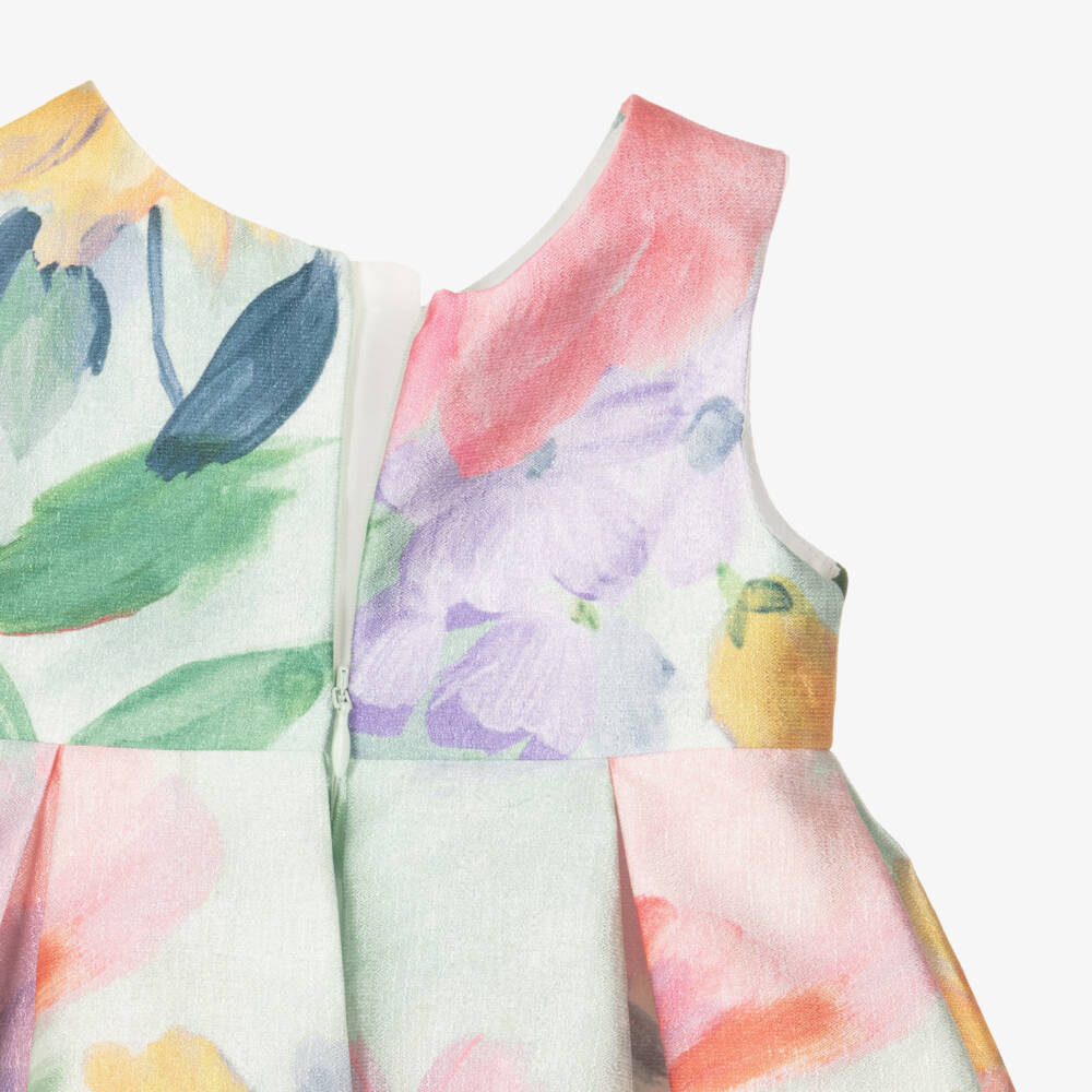 Abel & Lula-Green & Pink Floral Print Satin Bow Dress | Childrensalon Outlet