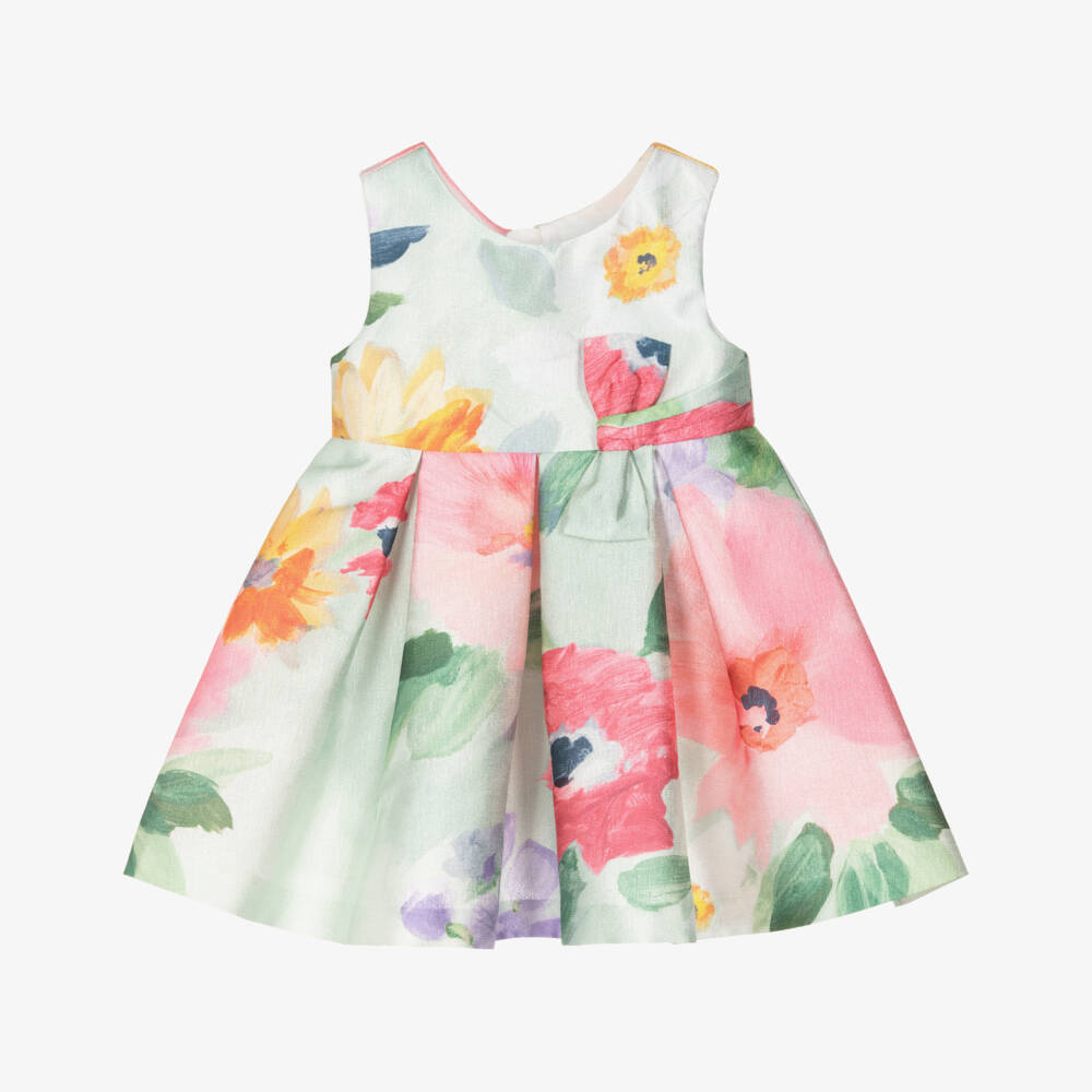 Abel & Lula-Green & Pink Floral Print Satin Bow Dress | Childrensalon Outlet