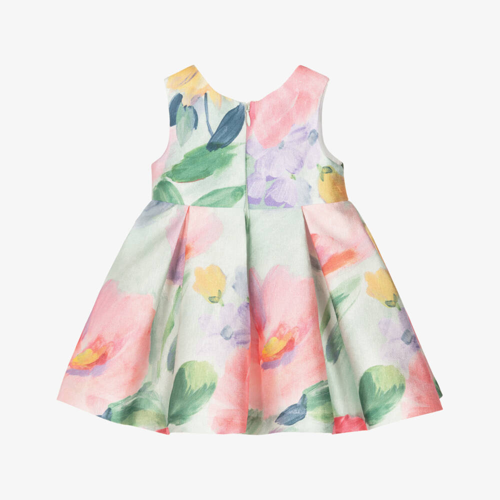 Abel & Lula-Green & Pink Floral Print Satin Bow Dress | Childrensalon Outlet