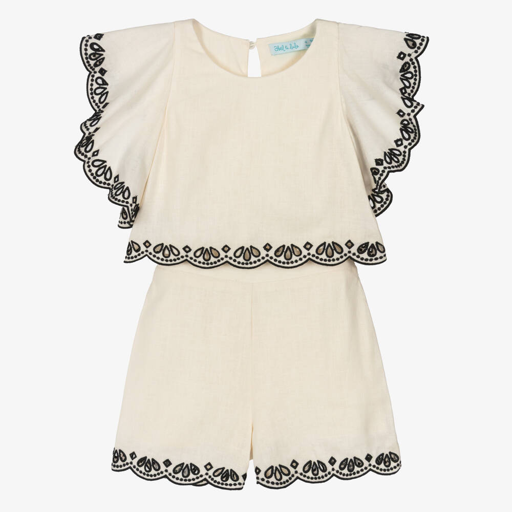 Abel & Lula-Ivory And Black Linen Shorts Set | Childrensalon Outlet