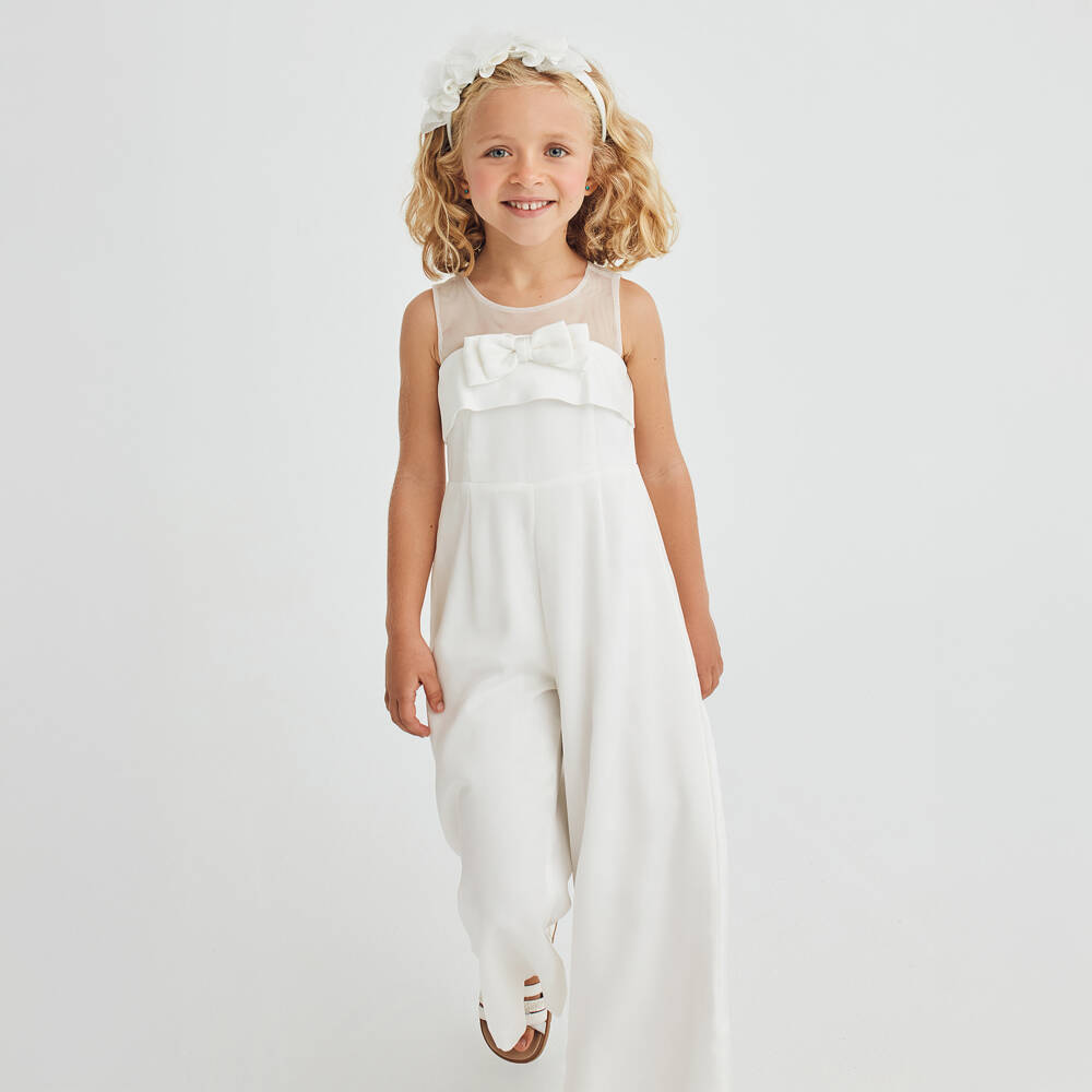 Abel & Lula-Ivory Satin Bow Jumpsuit for Girls | Childrensalon Outlet