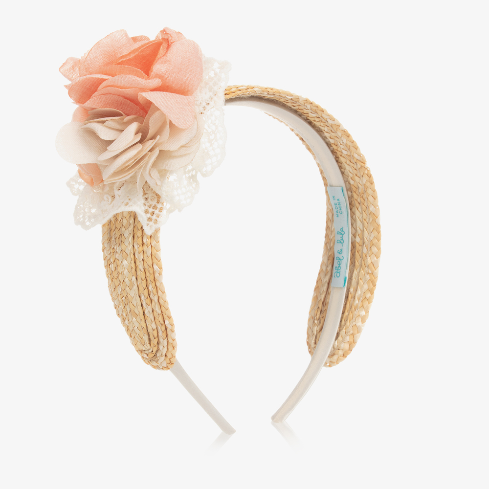 Abel & Lula - Pink Floral & Straw Hairband | Childrensalon