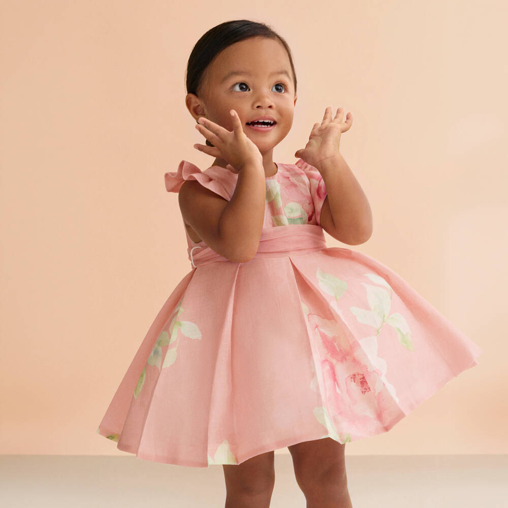 Abel & Lula-Pink Linen Floral Bow Belt Dress | Childrensalon Outlet