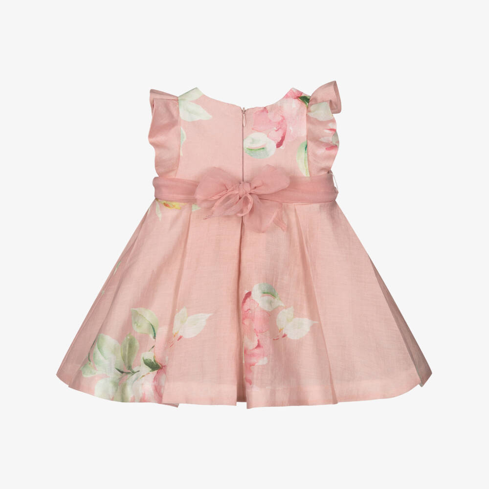 Abel & Lula-Pink Linen Floral Bow Belt Dress | Childrensalon Outlet