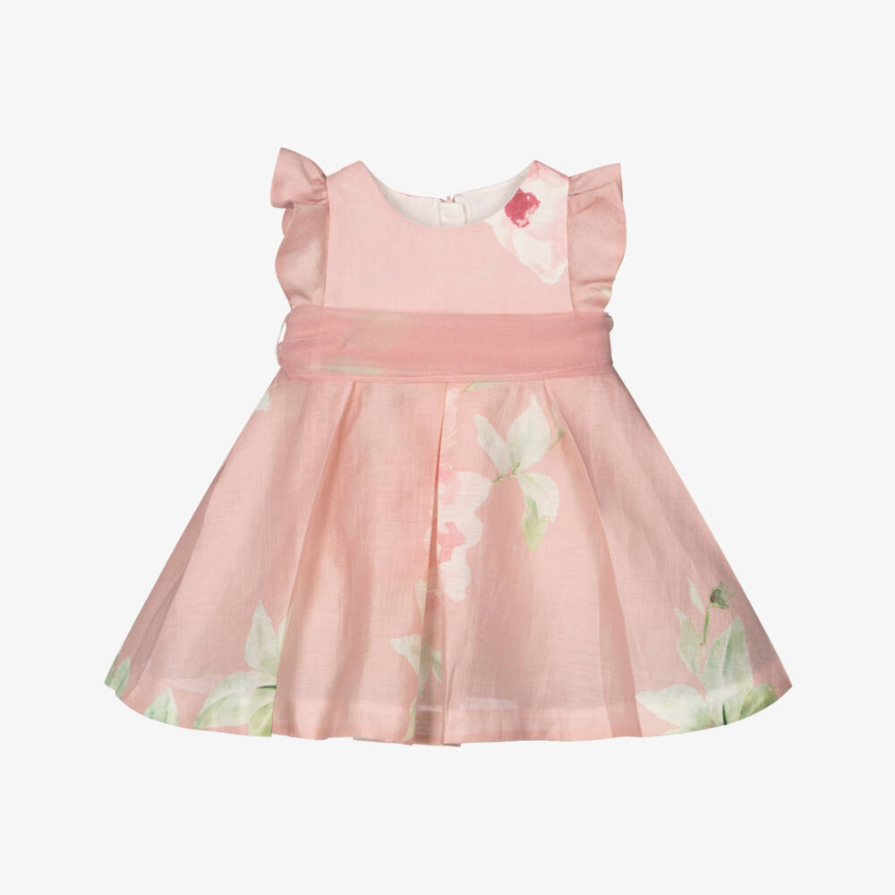 Abel & Lula-Pink Linen Floral Bow Belt Dress | Childrensalon Outlet