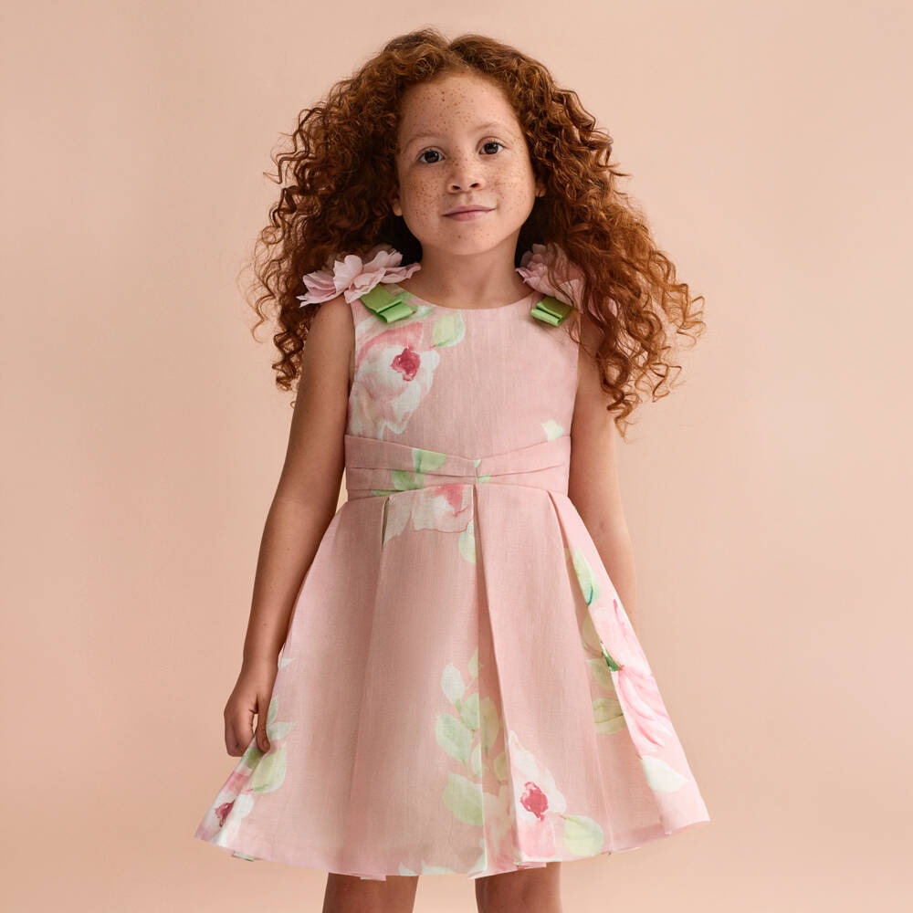 Abel & Lula-Pink Linen Floral Dress | Childrensalon Outlet