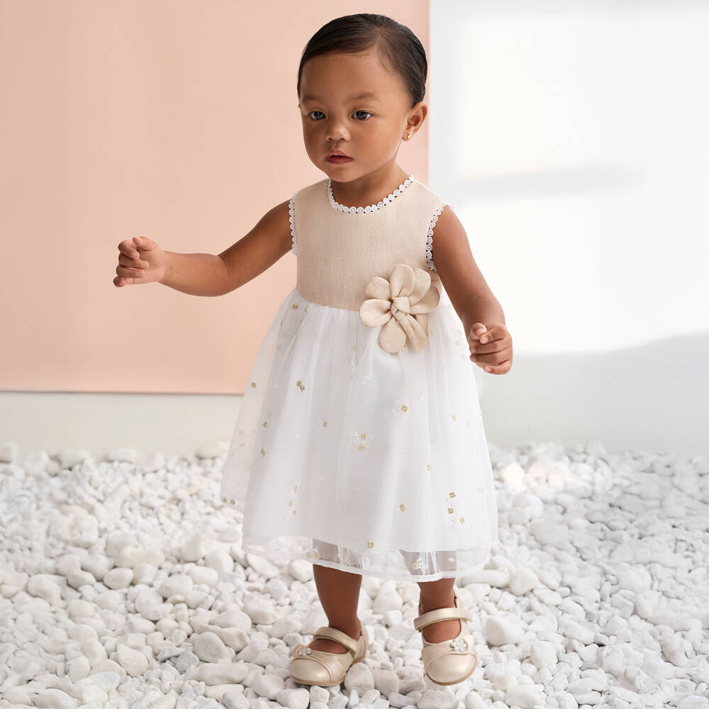 Abel & Lula-White & Gold Flower Tulle Dress | Childrensalon Outlet