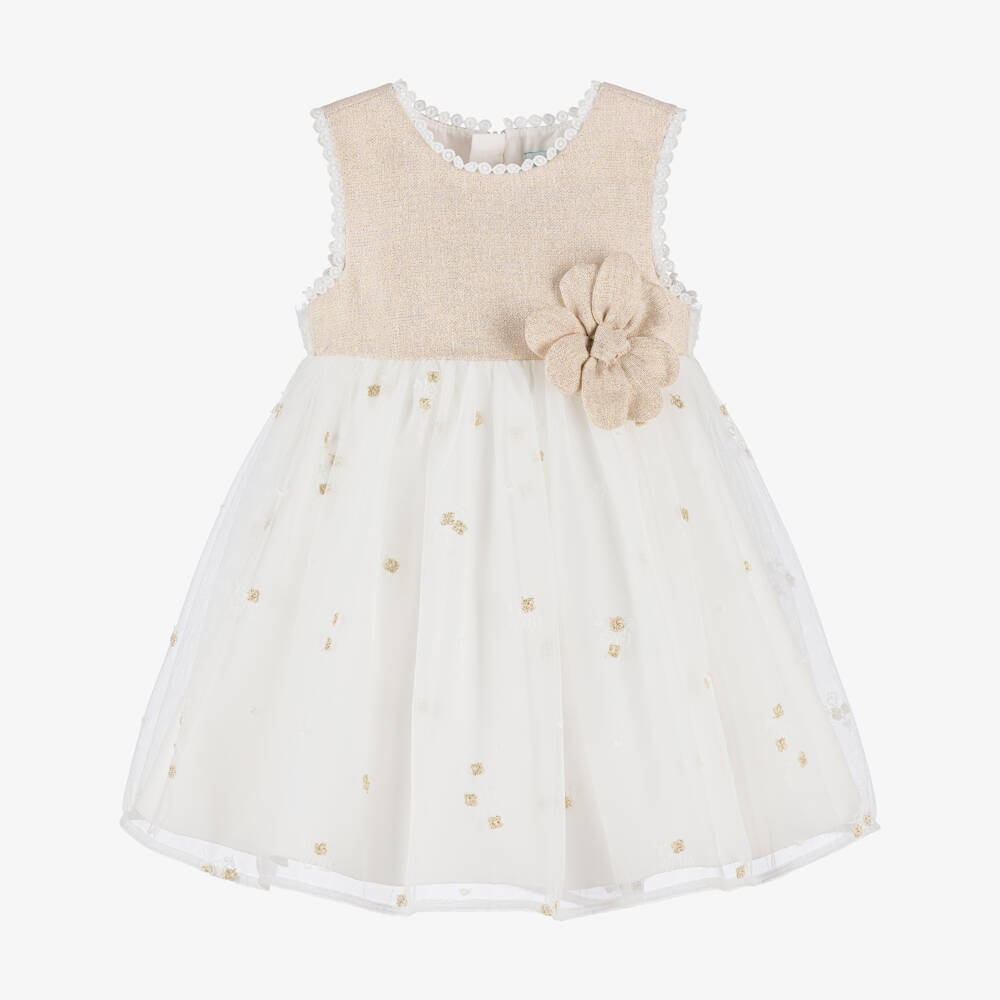 Abel & Lula-White & Gold Flower Tulle Dress | Childrensalon Outlet
