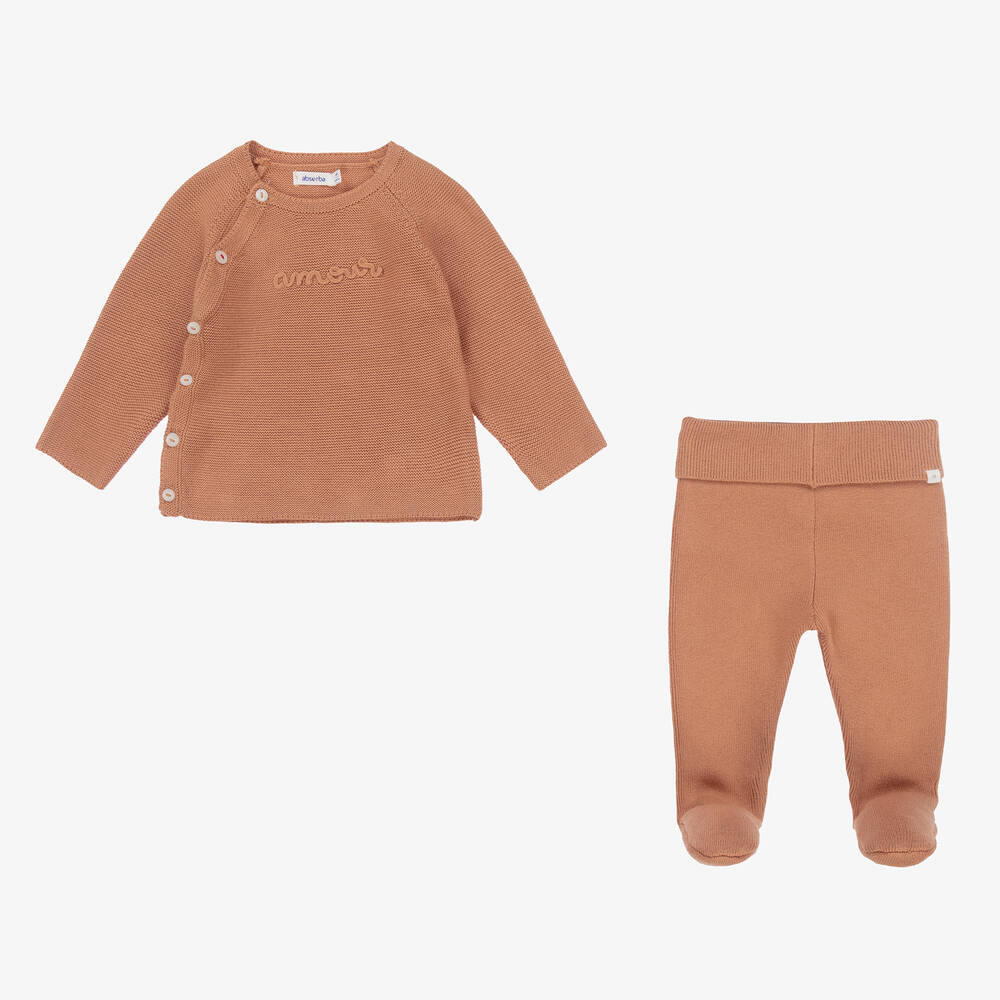 Absorba-Beige Cotton Knitted 2 Piece Babygrow | Childrensalon Outlet