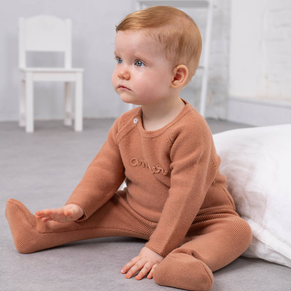 Absorba-Beige Cotton Knitted 2 Piece Babygrow | Childrensalon Outlet