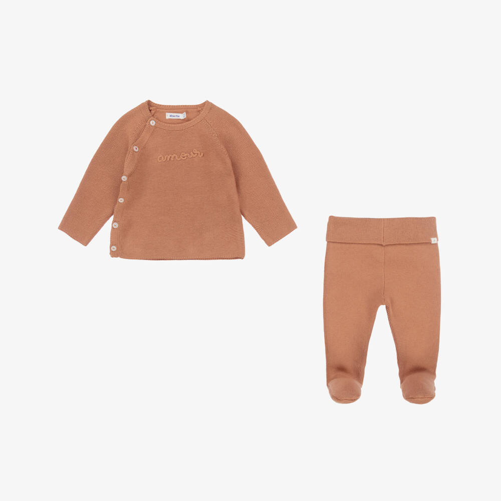 Absorba-Beige Cotton Knitted 2 Piece Babygrow | Childrensalon Outlet