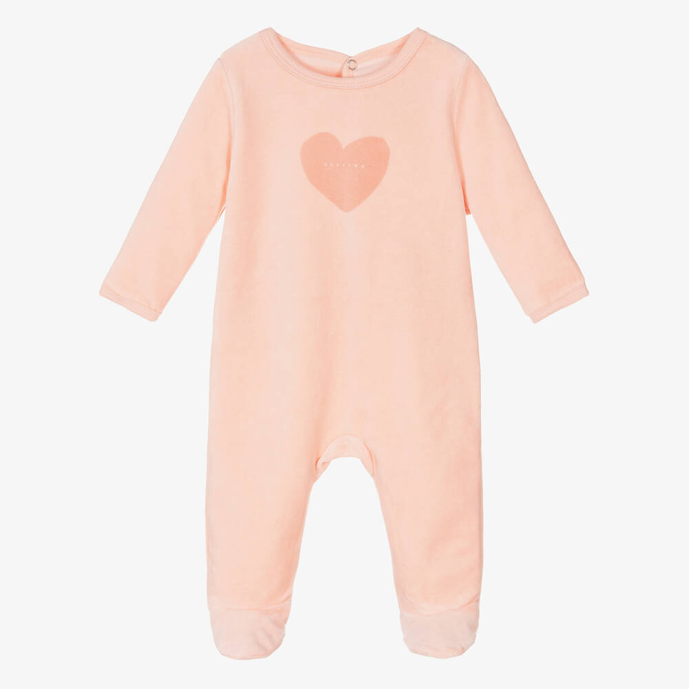 Absorba - Girls Pink Heart Velour Babygrow | Childrensalon