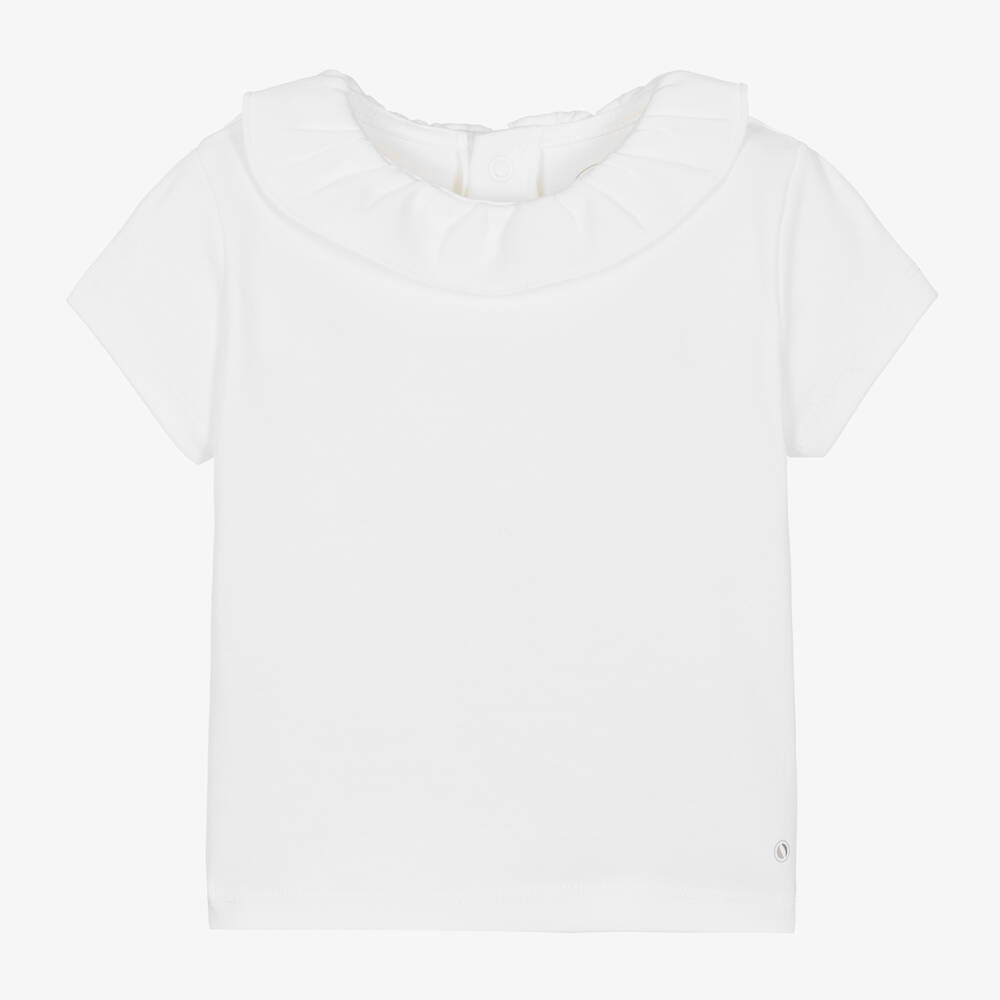 Absorba - Girls White Cotton Ruffle Collar T-Shirt | Childrensalon