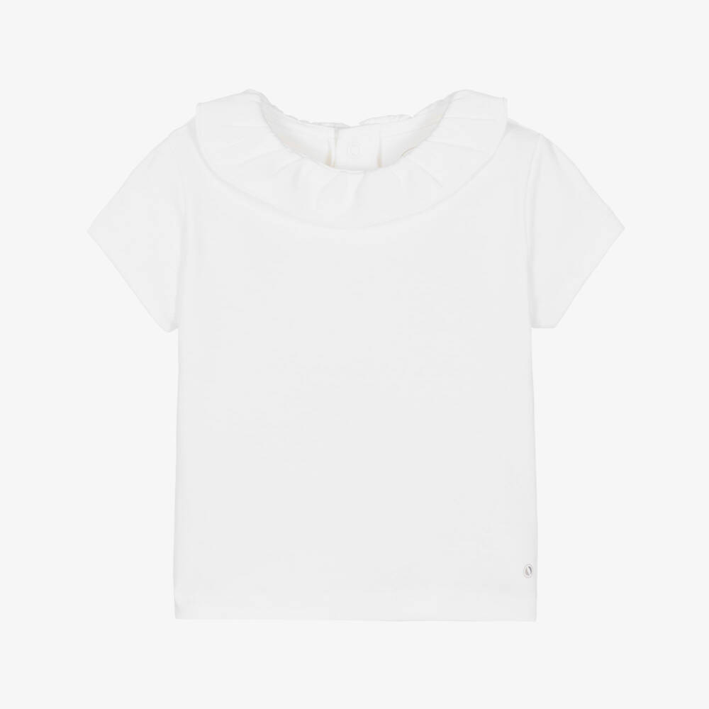 Absorba-Girls White Cotton Ruffle Collar T-Shirt | Childrensalon Outlet