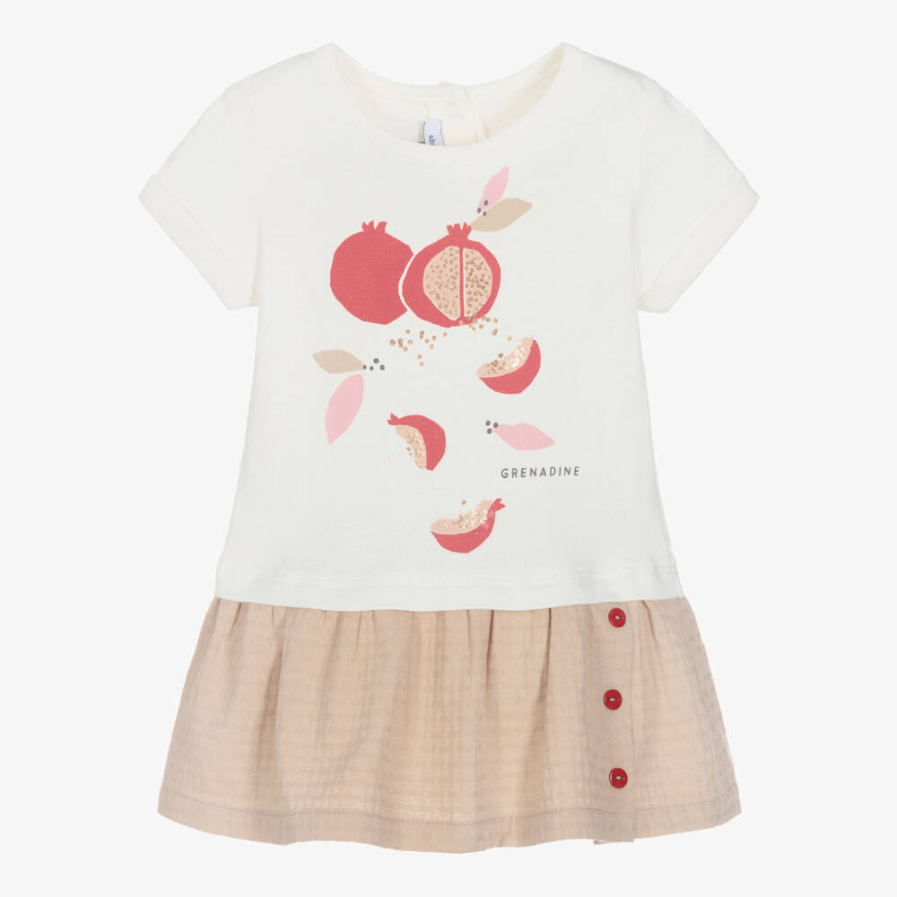 Absorba-فستان أطفال بناتي قطن لون عاجي وبيج | Childrensalon Outlet