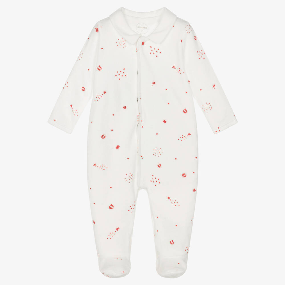 Absorba - Ivory & Red Velour Babygrow | Childrensalon