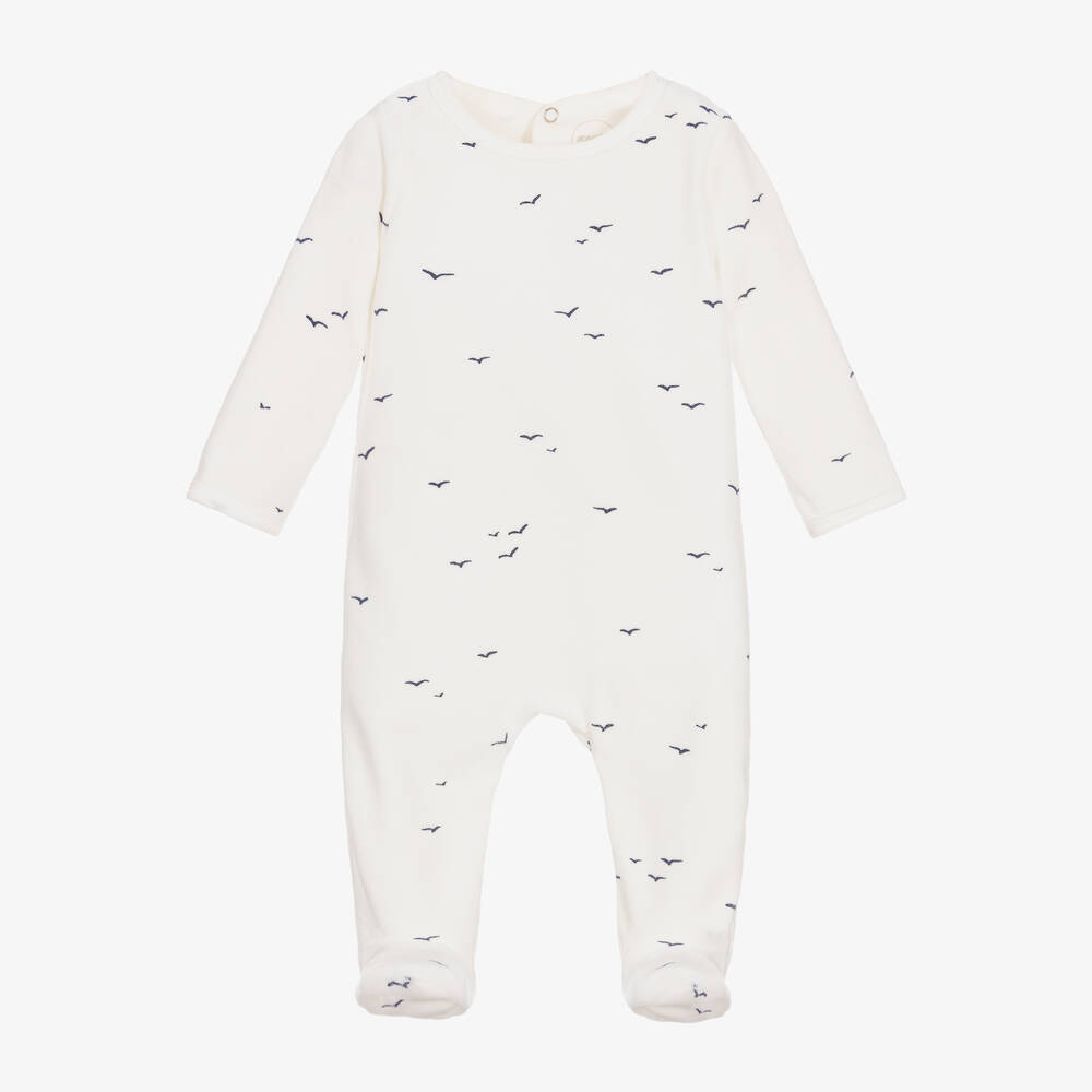 Absorba - Ivory Velour Bird Print Babygrow | Childrensalon