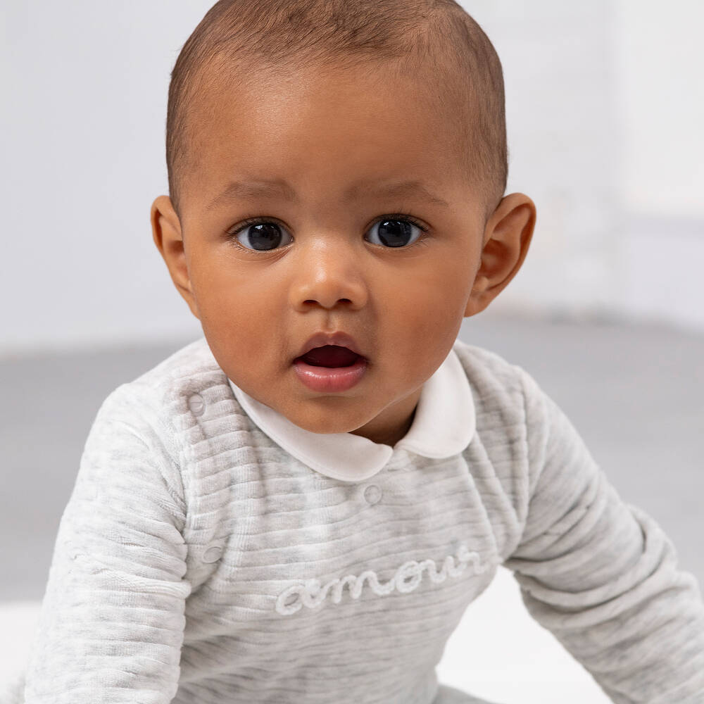 Absorba-Pale Grey Cotton Velour Babygrow | Childrensalon Outlet