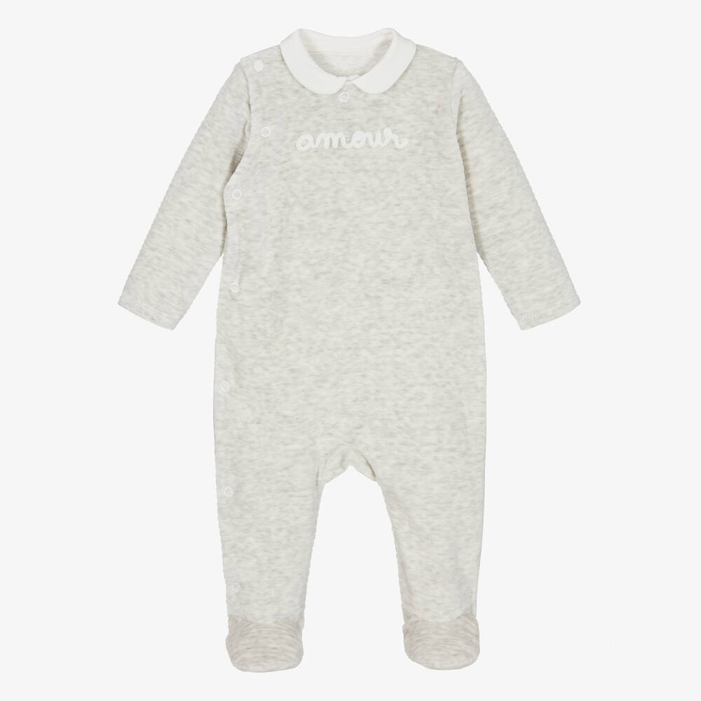 Absorba - Pale Grey Cotton Velour Babygrow | Childrensalon