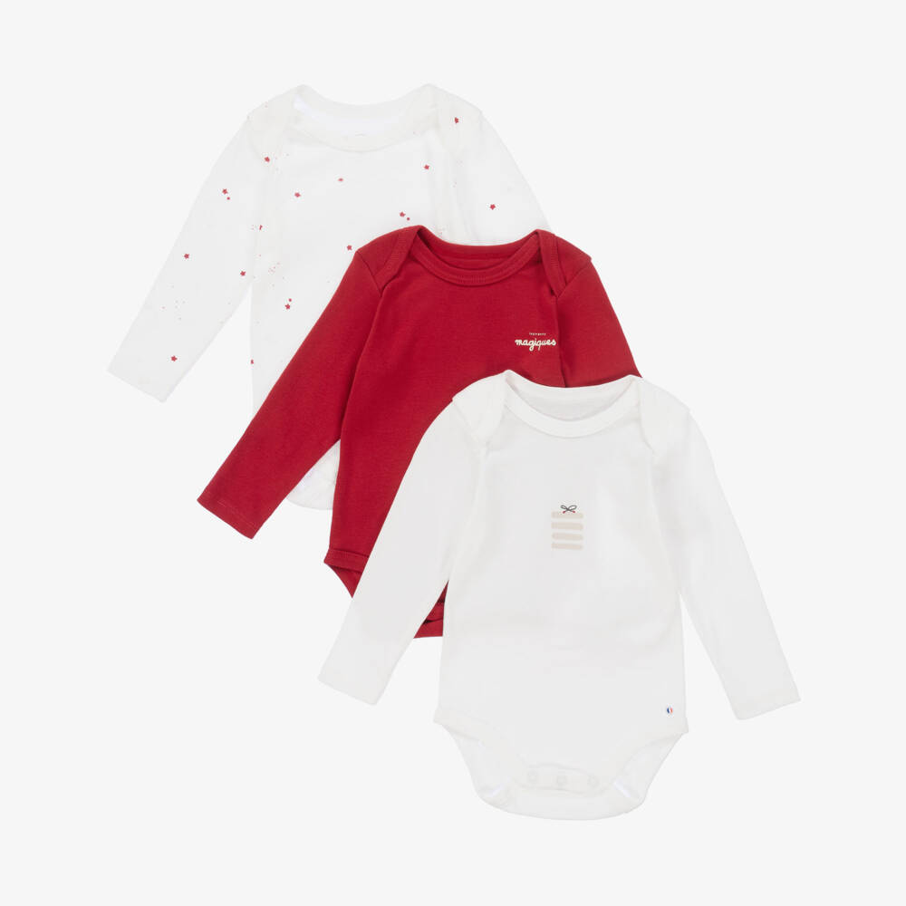 Absorba-أوفرول بادي قطن عضوي لون أحمر وعاجي (عدد 3) | Childrensalon Outlet