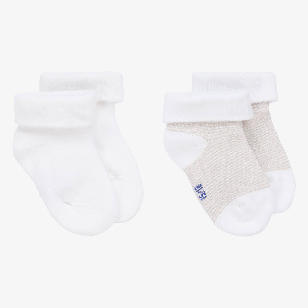 Absorba-White & Beige Cotton Baby Socks (2 Pack) | Childrensalon Outlet