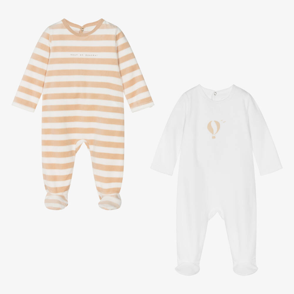 Absorba - White & Beige Velour Babygrows (2 Pack) | Childrensalon