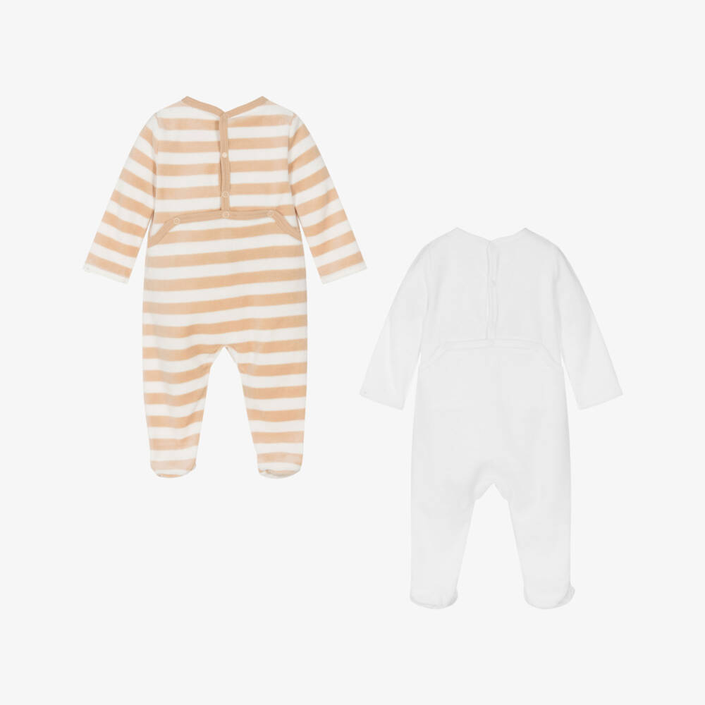 Absorba-White & Beige Velour Babygrows (2 Pack) | Childrensalon Outlet
