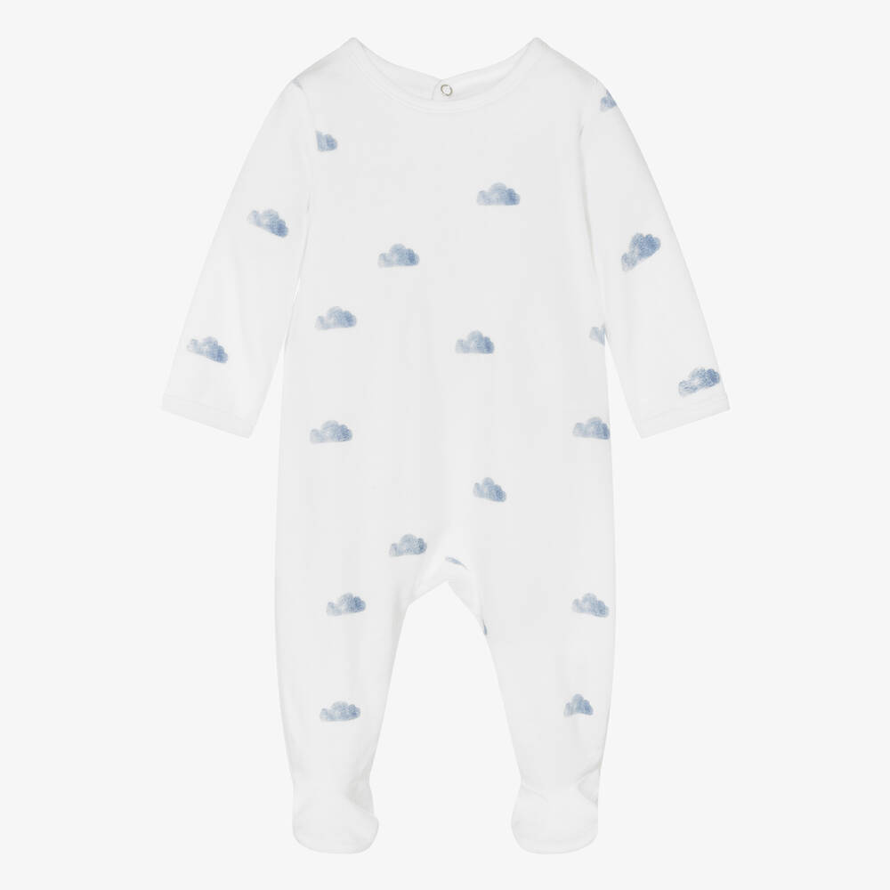 Absorba - White & Blue Velour Cloud Print Babygrow | Childrensalon