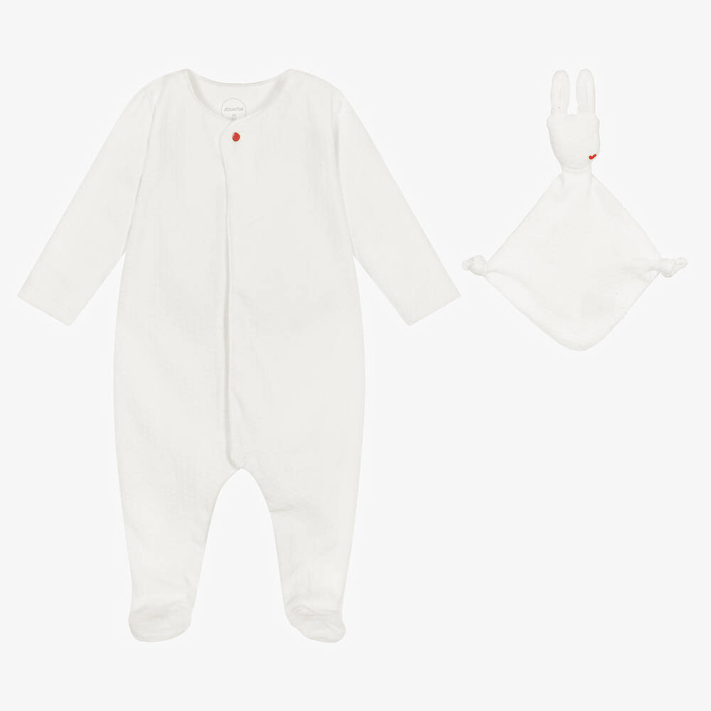 Absorba - White Cotton Velour Babygrow & Doudou Set | Childrensalon