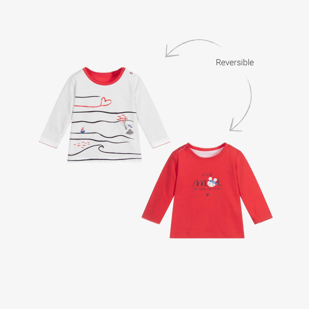 Absorba-توب بوجهين أطفال بناتي قطن لون أبيض وأحمر | Childrensalon Outlet