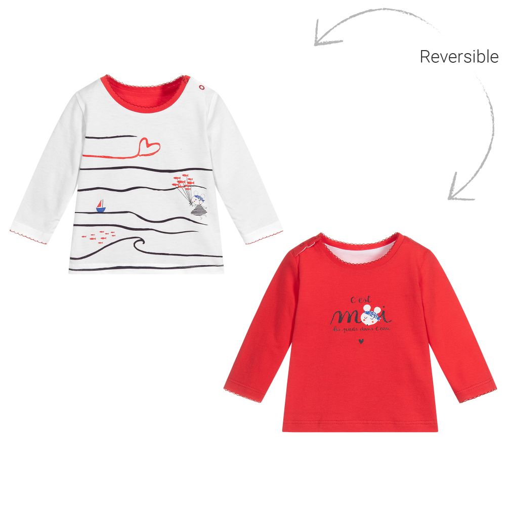 Absorba-توب بوجهين أطفال بناتي قطن لون أبيض وأحمر | Childrensalon Outlet