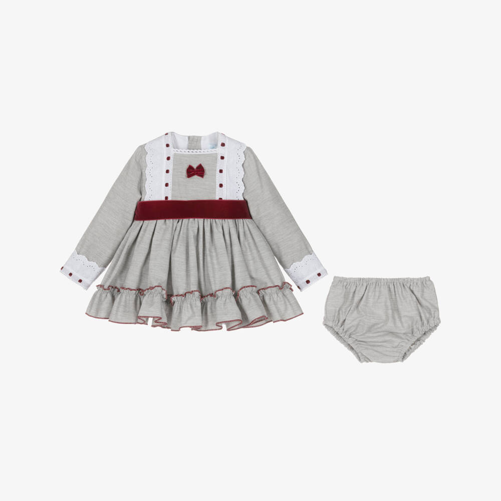 Abuela Tata-Baby Girls Grey & Burgundy Red Cotton Dress Set with Lace Trims | Childrensalon Outlet