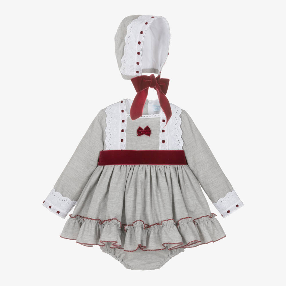 Abuela Tata-Baby Girls Grey & Burgundy Red Cotton Dress Set with Lace Trims | Childrensalon Outlet